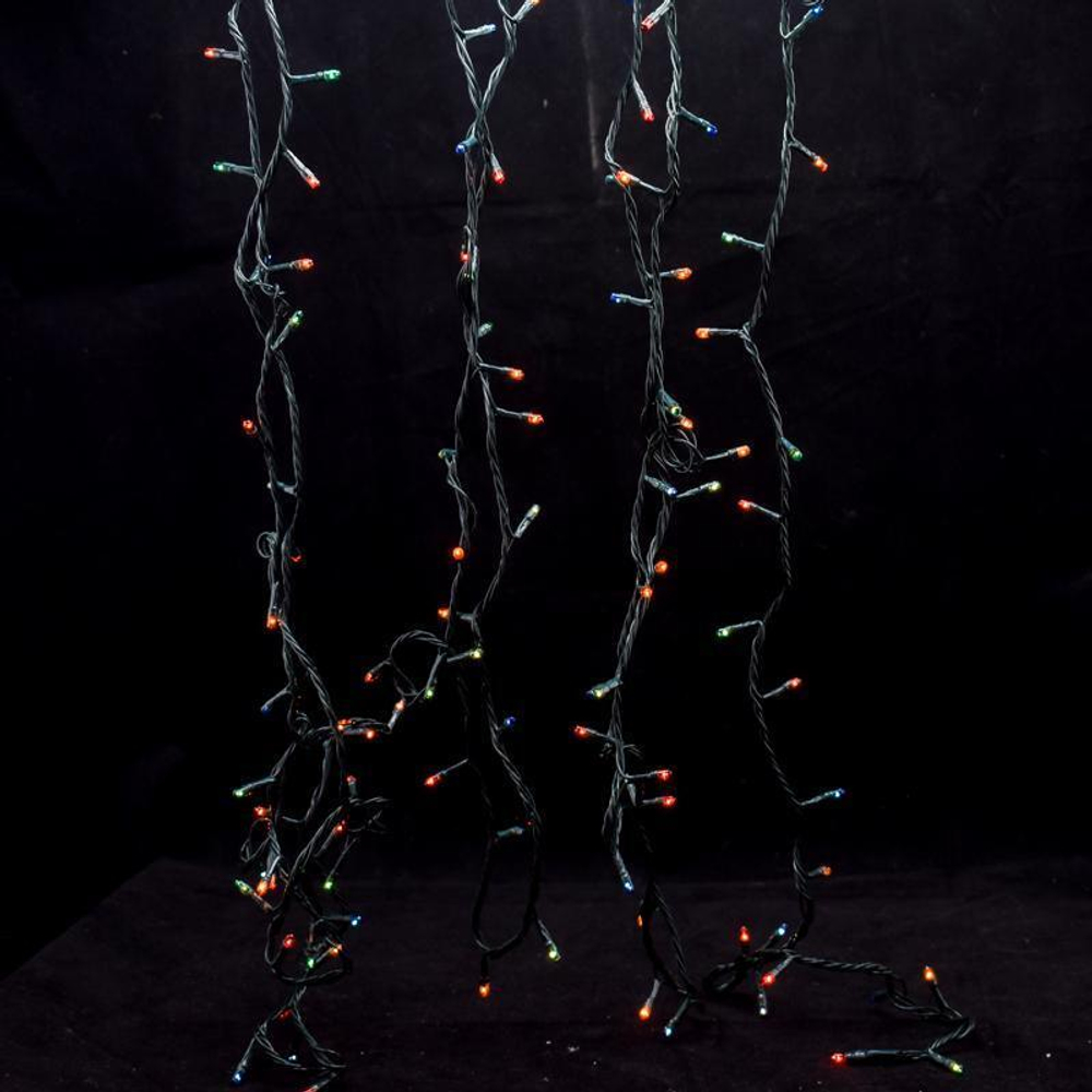 Электрогирлянда м/лампы цвет, 180 ламп, 8,2м, 8 р.миг., зелен.провод, кор