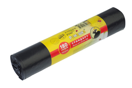 Мешки для мусора Стандарт 180л 10 шт/уп 27мкм 90смх110см черные вес рулона 500г вес мешка 50г ПВД дно плоское со швом без боковых фальцев Ромашка ВР-0086Б