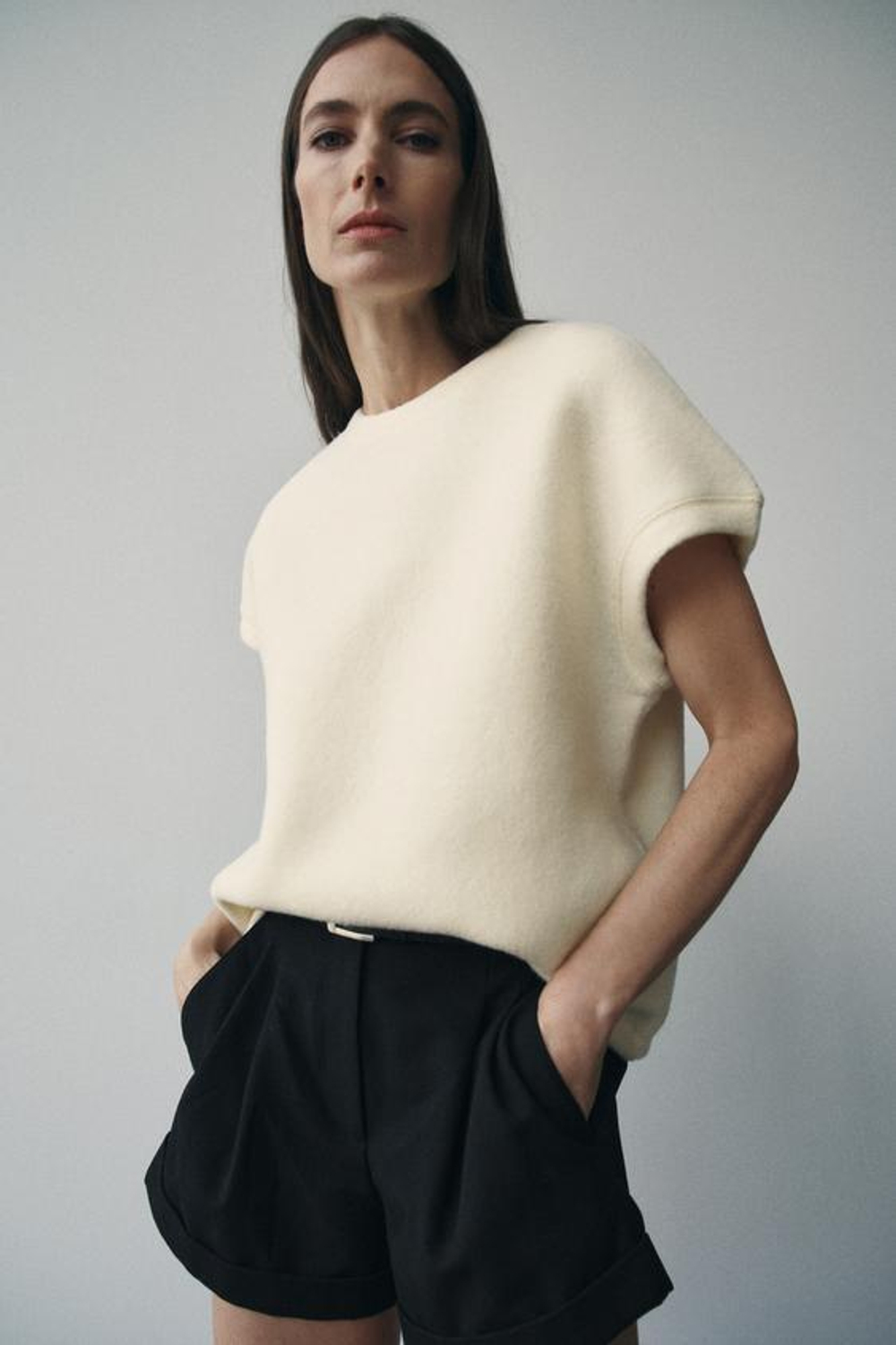 ZARA ТОП ИЗ МЯГКОЙ ТКАНИ, ЖЕЛТОВАТО-БЕЛЫЙ