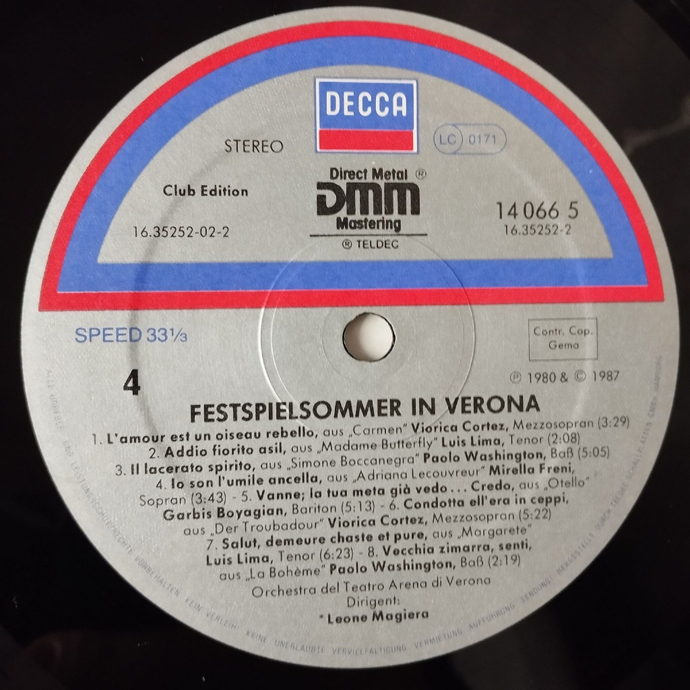 Винтажная виниловая пластинка LP Freni, Ricciarelli, Kabaiwanska, Cortez, Pavarotti, G. Raimondi, Festsommerspiele In Verona (Germany 1984)