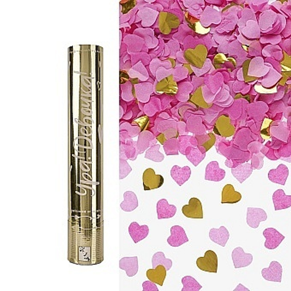 Пневмохлопушка (12/30 см), Гендер Пати, Ура, Девочка!, Сердца фольга и тишью, Розовый/Золото