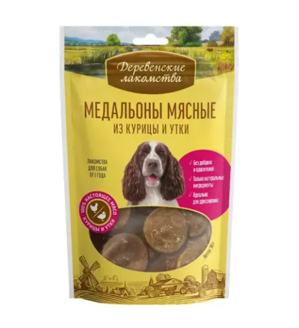 ДЕРЕВЕНСКИЕ ЛАКОМСТВА Медальоны мясные из курицы и утки, 90 г