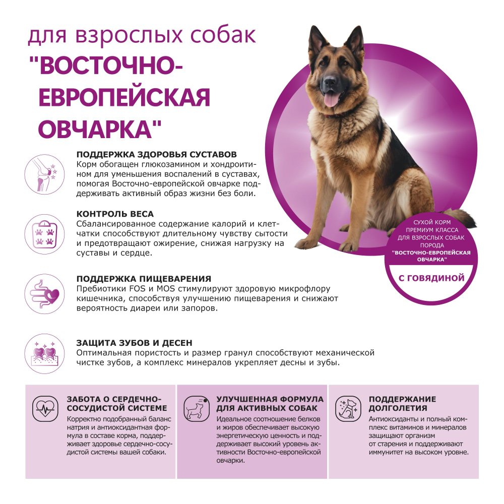 Корм сухой для взрослых собак породы Восточно-европейская овчарка, премиум полнорационный комплекс, с говядиной, 2,5 кг, QUATTRO