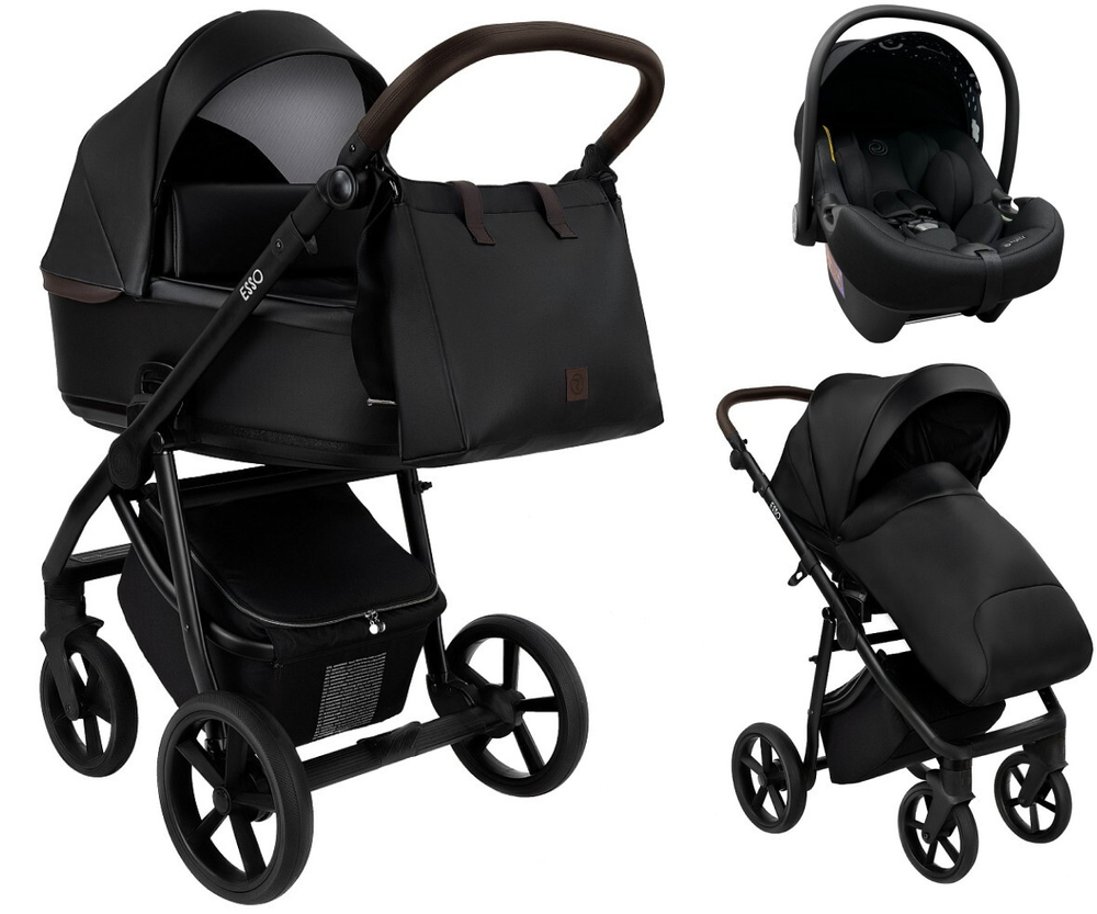 Детская коляска Roan Esso 2025 Кожа 3 в 1 с автокреслом Tutis Elo Lux EduSky Black ESSK/210/1 Black /Black/руч.Тем.коричневый