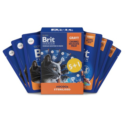 Набор паучей BRIT PREMIUM для стерилизованных кошек лосось в соусе 85г 5+1
