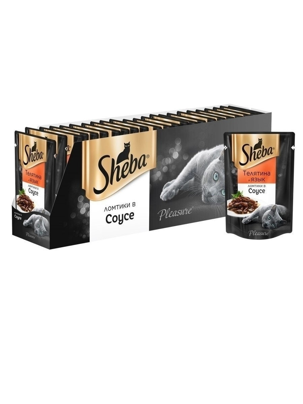 Влажный корм Sheba Pleasure для взрослых кошек, телятина и язык, ломтики в соусе, 24 шт x 85 г