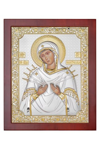 Семистрельная БМ, икона прямоугольная с рамкой, красное дерево 210х260