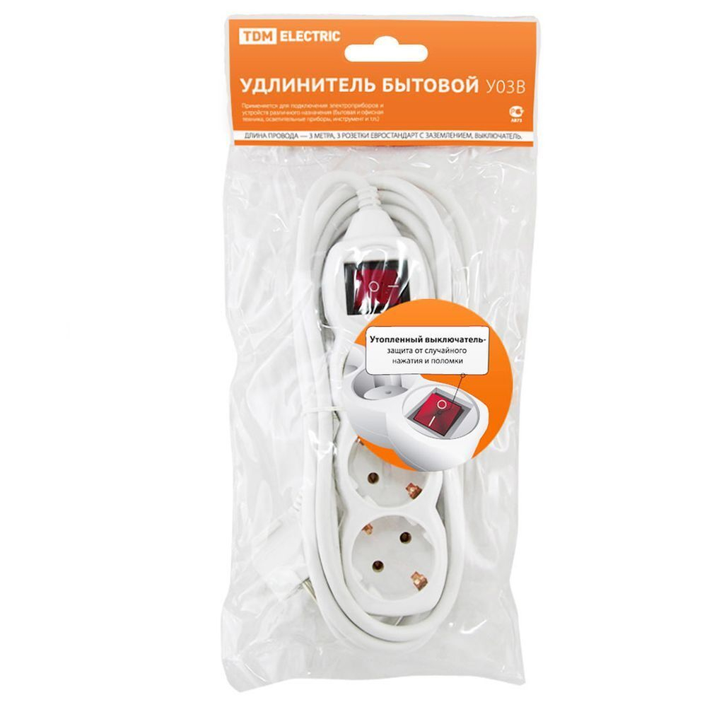 Удлинитель бытовой 3 гн, 5 м, ПВС, 3х1 мм2, с/з, 16 А, выкл, 250 В, TDM, У03В, SQ1303-0102