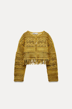 ZARA КОРОТКИЙ КАРДИГАН ИЗ МАКРАМЕ С БАХРОМОЙ, ЦВЕТ ОЛИВКОВОГО МАСЛА