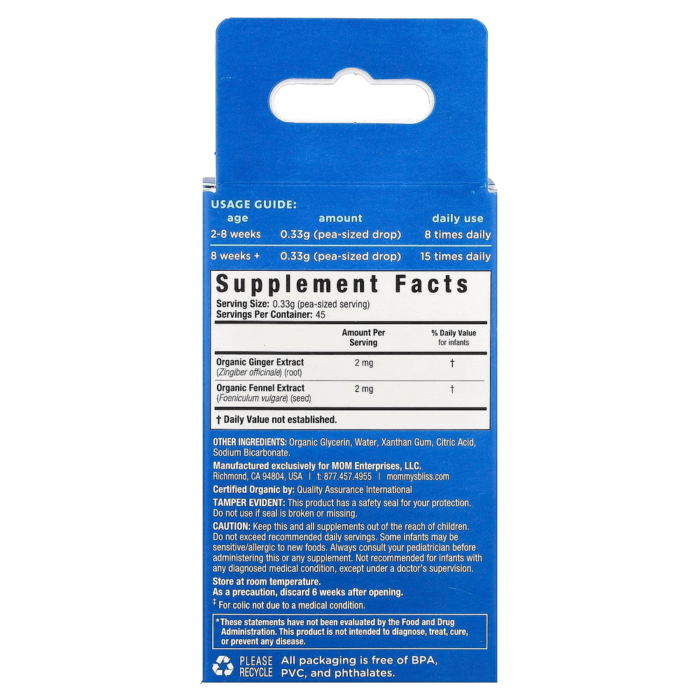 Mommy's Bliss, органическая укропная вода, гель для пустышки, для младенцев от 2 недель, 15 г (0,53 унции)