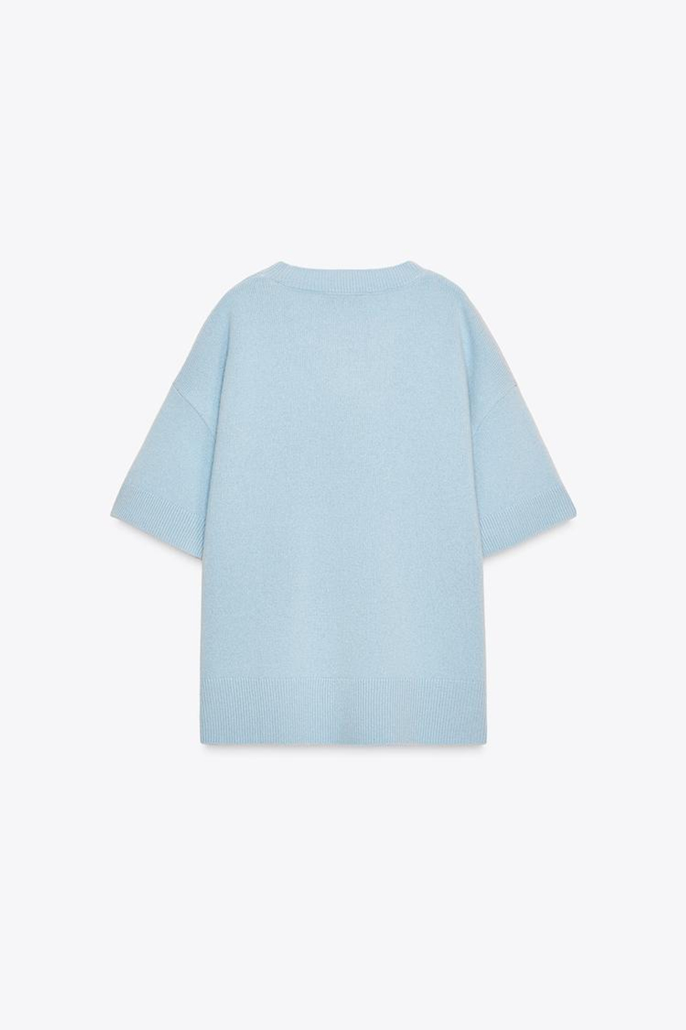 ZARA БАЗОВЫЙ ТРИКОТАЖНЫЙ ДЖЕМПЕР ИЗ 100% ШЕРСТИ С КОРОТКИМИ РУКАВАМИ, ГОЛУБОЙ