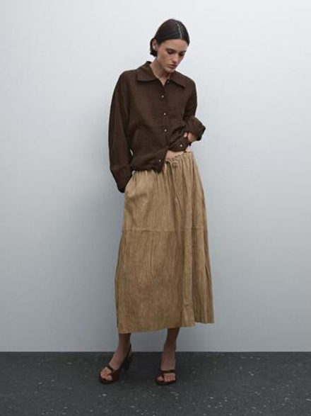 Massimo Dutti Юбка миди из замши прямого кроя, песочный