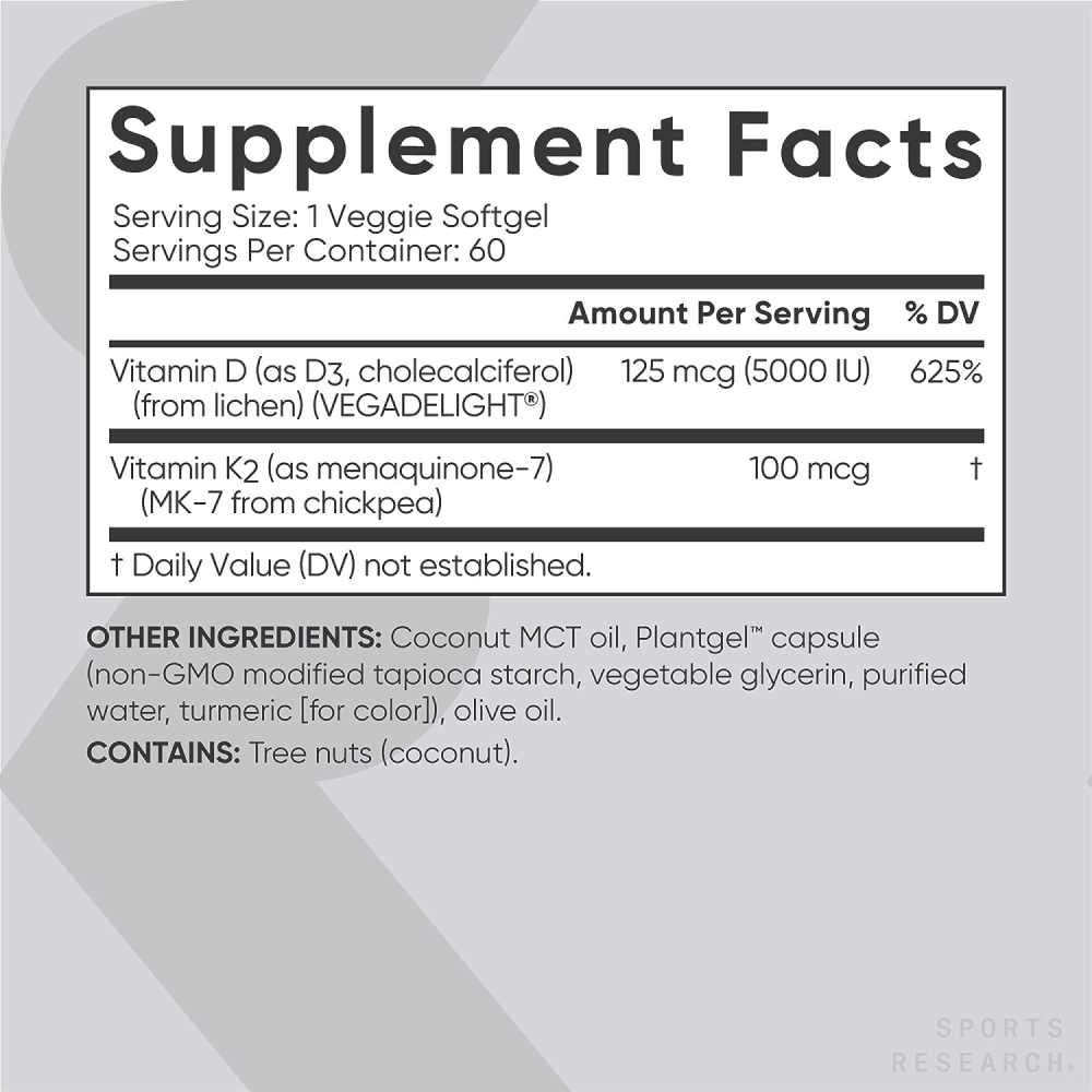 Sports Research Vitamin D3+К2 5000 IU, Витамин Д3+К2 5000 МЕ, 60 капсул