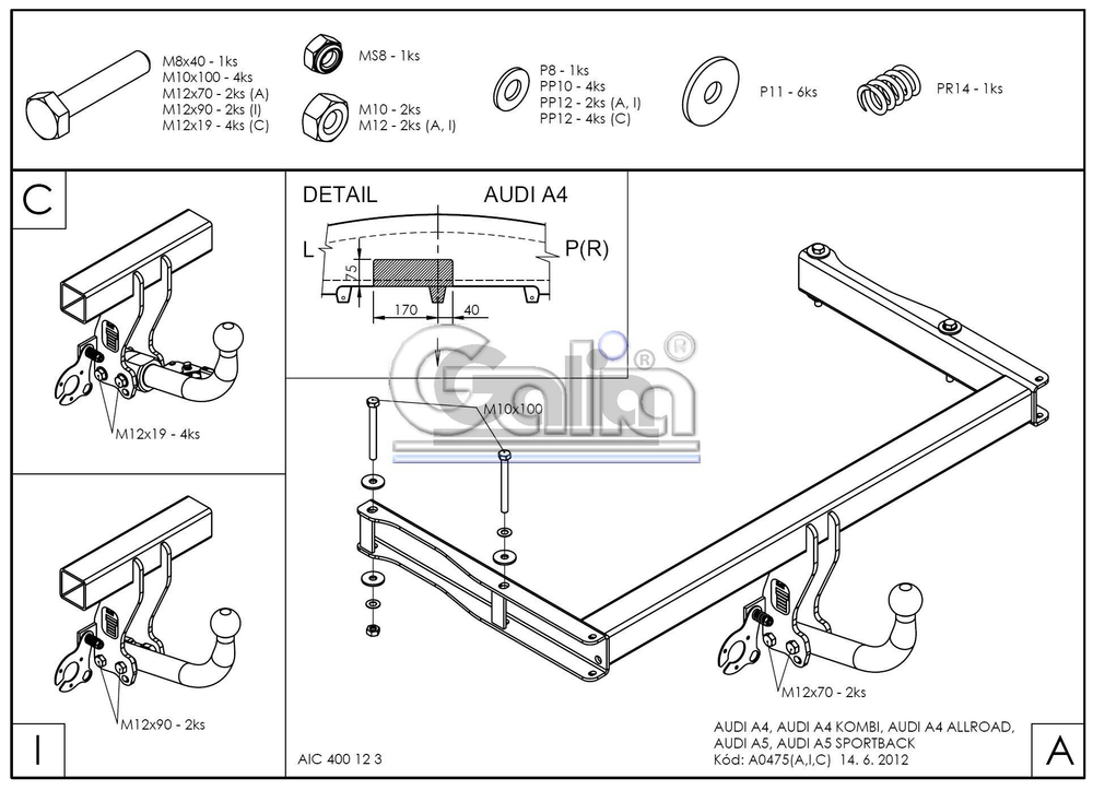 Фаркоп оцинкованный Galia A047C для Audi A4 B8 седан/универсал 2007-2015, Audi A4 Allroad 2009-, Audi A5 Sportback 2008-(паспорт и сертификат в комплекте)(без электрики)