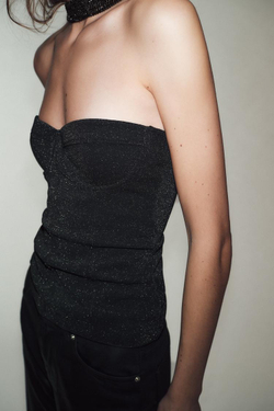 ZARA ТОП БЕЗ БРЕТЕЛЕЙ ИЗ ЭЛАСТИЧНОЙ ТКАНИ С БЛЕСКОМ, ЧЕРНЫЙ