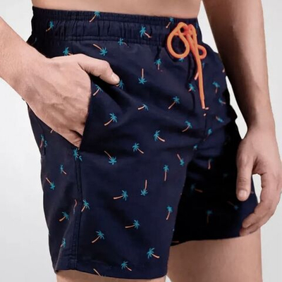 Темно-синие мужские пляжные шорты с принтом в виде пальм (Размер: XXL) (Цвет: темно-синий)