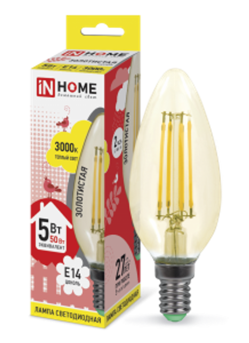 Лампа светодиодная LED-СВЕЧА-deco 7Вт 230В Е14 3000К 630Лм золотистая IN HOME