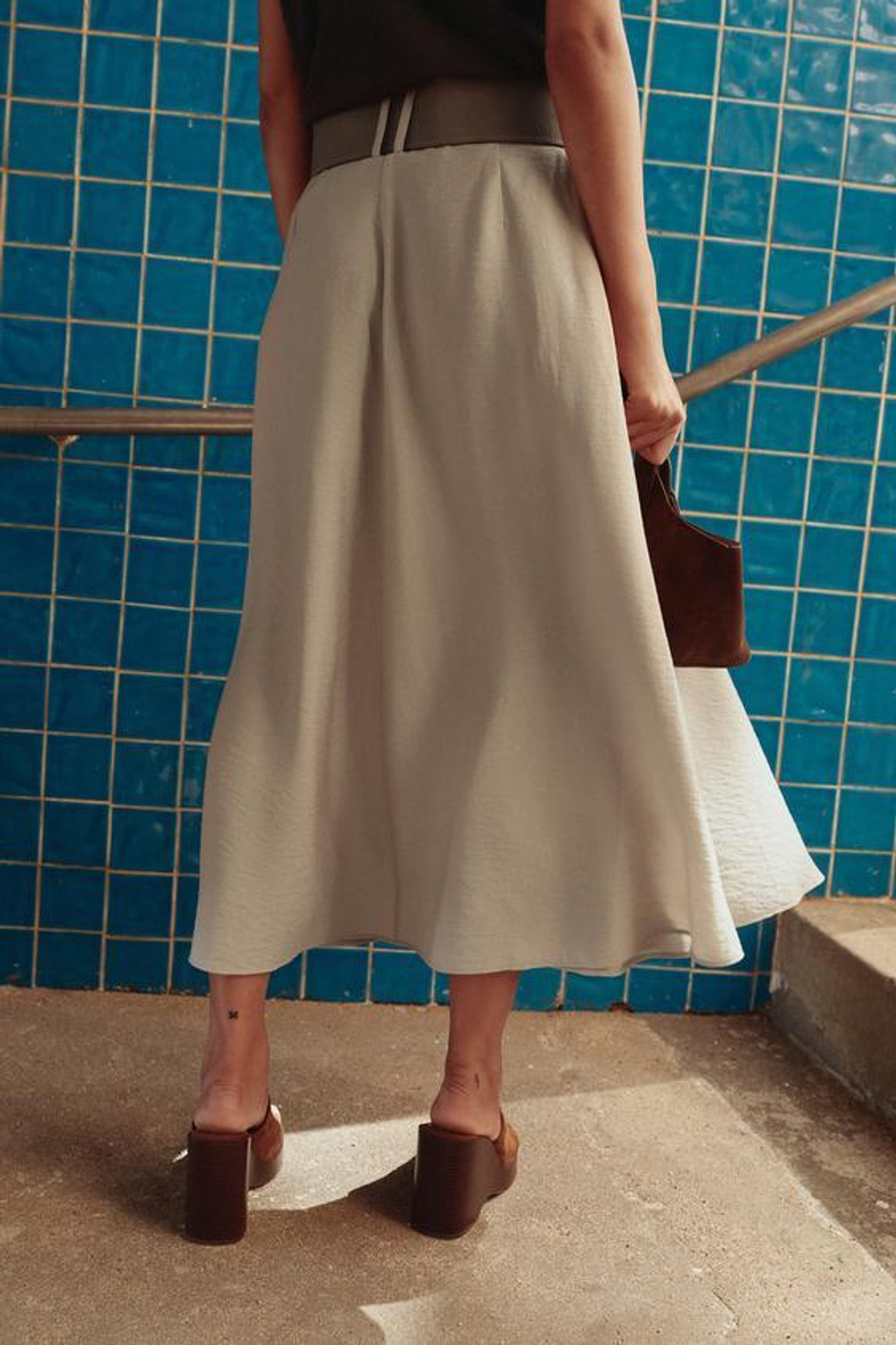 ZARA ЮБКА-ТРАПЕЦИЯ В СТИЛЕ РУСТИК С ПОЯСОМ, СВЕТЛО-БЕЖЕВЫЙ