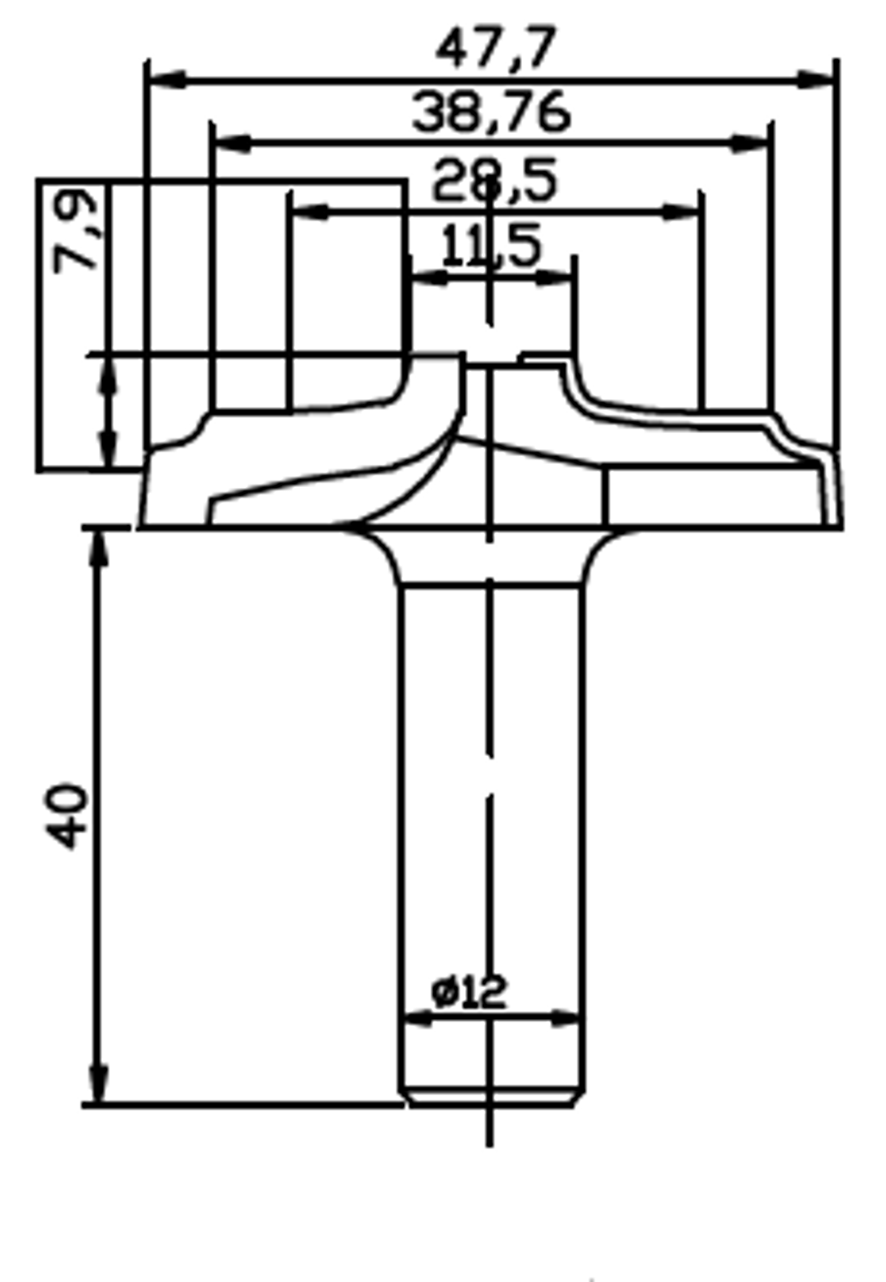 PCD профильная фреза D.47,7x12 7,9x40 Z2