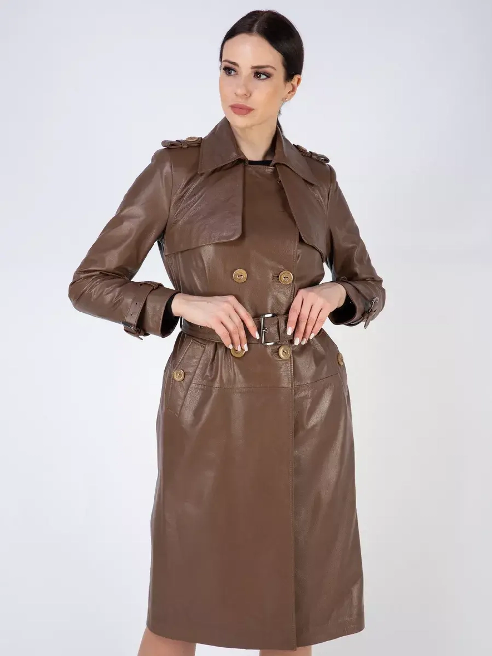Тренч длинный кожаный с поясом плащ на осень