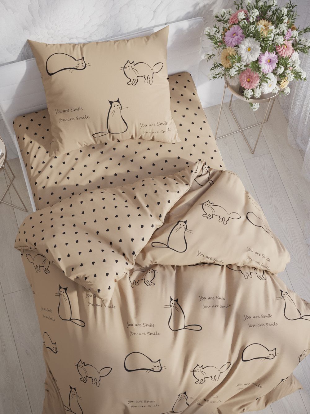 Постельное белье перкаль Сказка "Котики (беж)/Адель" 1,5-сп Наволочка 50х70 см 1 шт Простынь на резинке 90x200 см Пододеяльник 145x215 см
