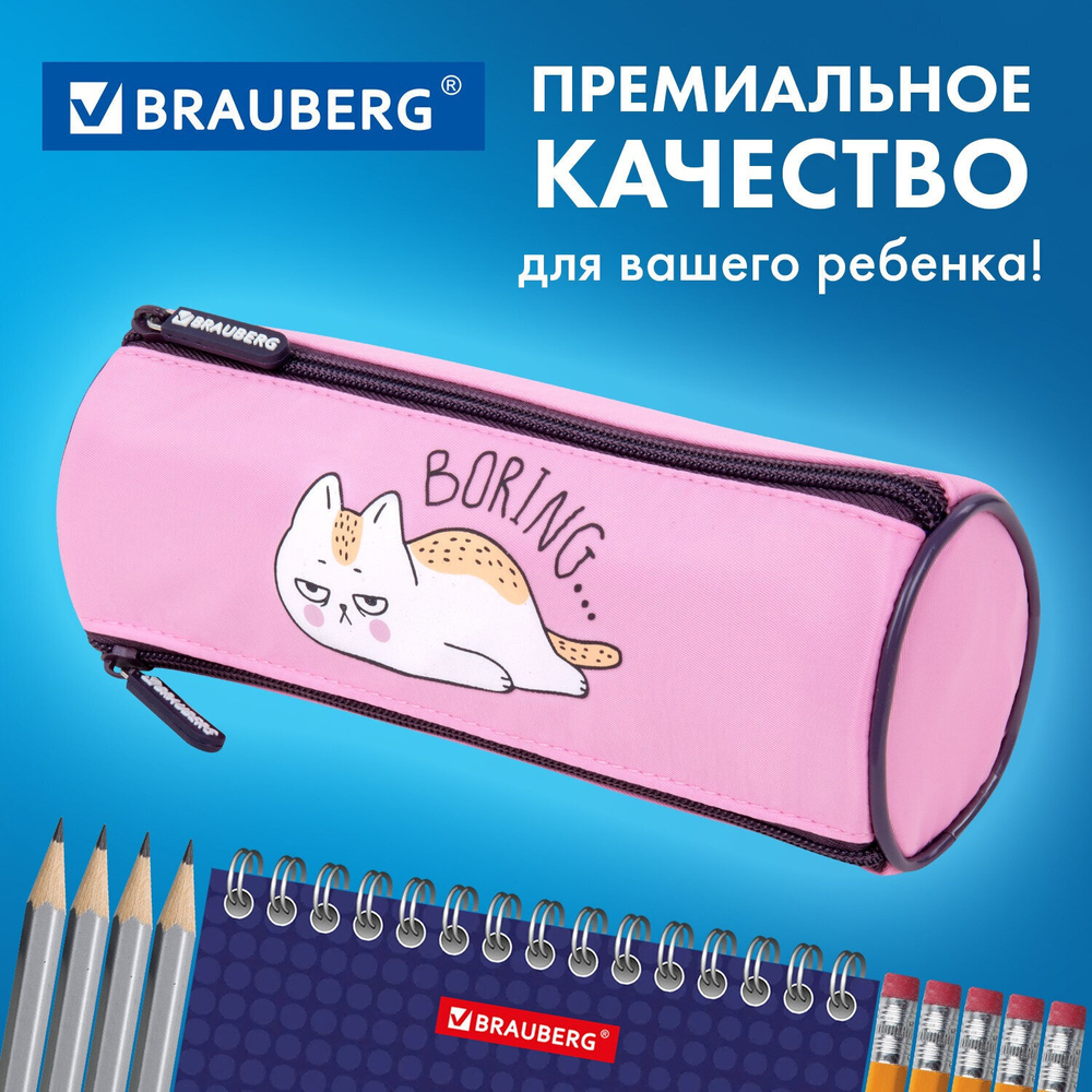 Пенал BRAUBERG 3 отделения нейлон 21х7х7 см "Lazy cat" (2 штуки в упаковке)
