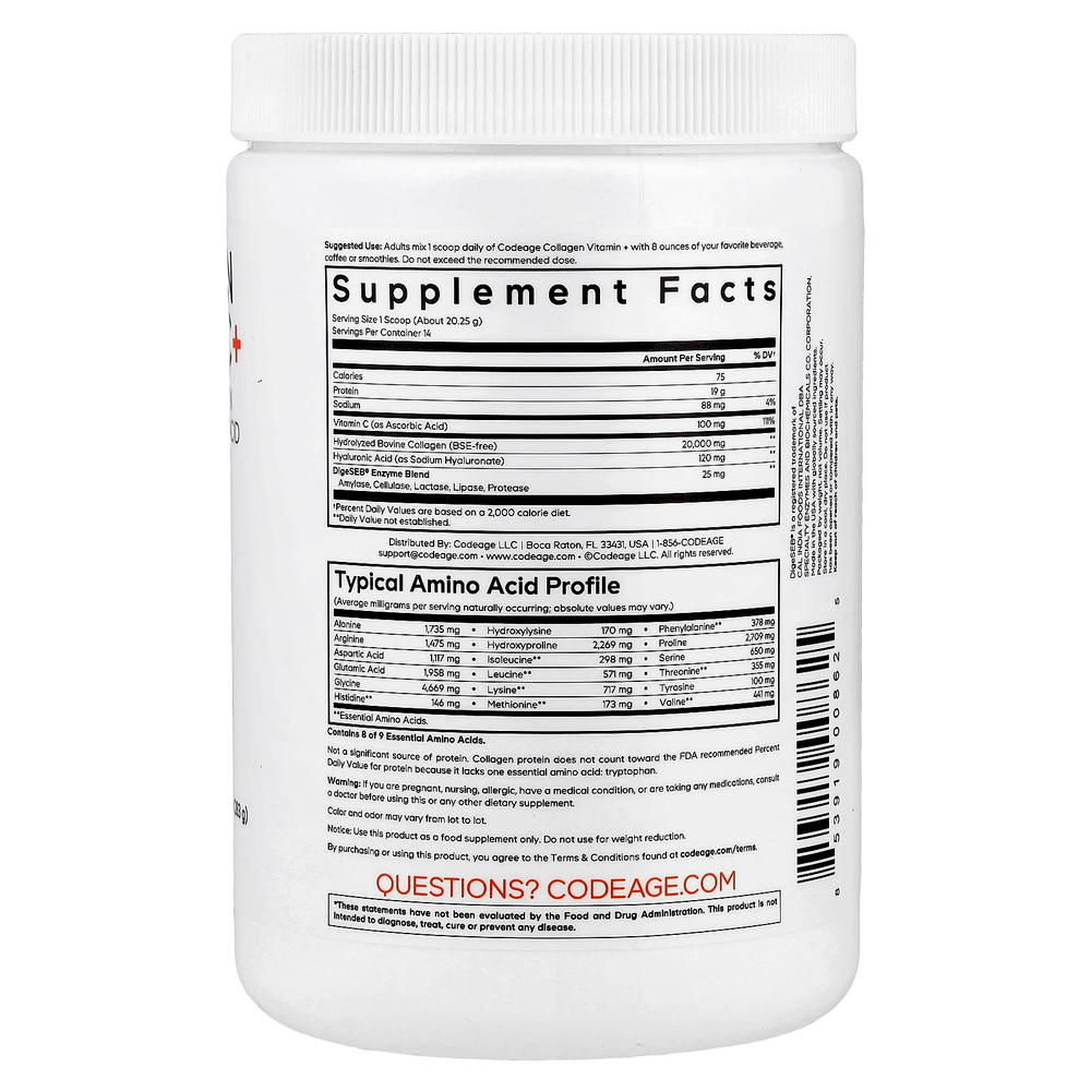 Codeage, коллаген в порошке с витамином C, без добавок, 283 г (9,98 унции)