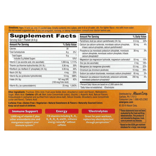 Emergen-C, Витамин C, смесь ароматизированных газированных напитков, клубника-киви, 1000 мг, 30 пакетиков по 0,31 унции (8,9 г) каждый