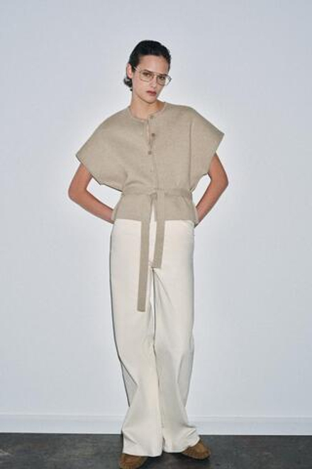 ZARA КАРДИГАН С КОРОТКИМИ РУКАВАМИ И ПОЯСОМ, СЕРО-КОРИЧНЕВЫЙ