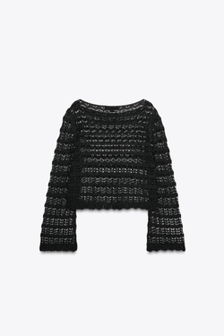 ZARA УКОРОЧЕННЫЙ СВИТЕР АЖУРНОЙ ВЯЗКИ, ЧЕРНЫЙ