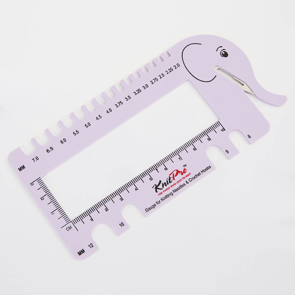 Линейка "Слон" для измерения размера спиц и плотности вязания с резаком для нити (сиреневый)