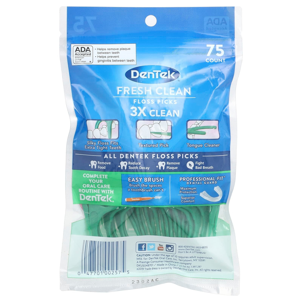 DenTek, Fresh Clean, зубочистка с зубной нитью,  средство для гигиены полости рта, 75 зубочисток