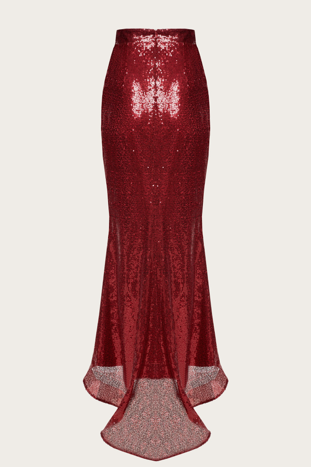 Бордовая юбка в пайетках со шлейфом