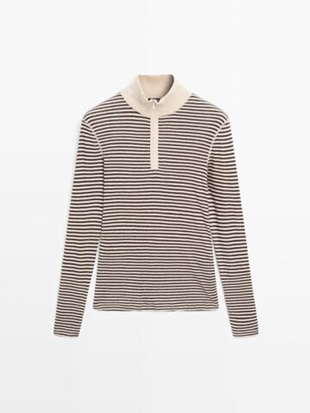Massimo Dutti Свитер в полоску с застежкой-молнией, бежевый