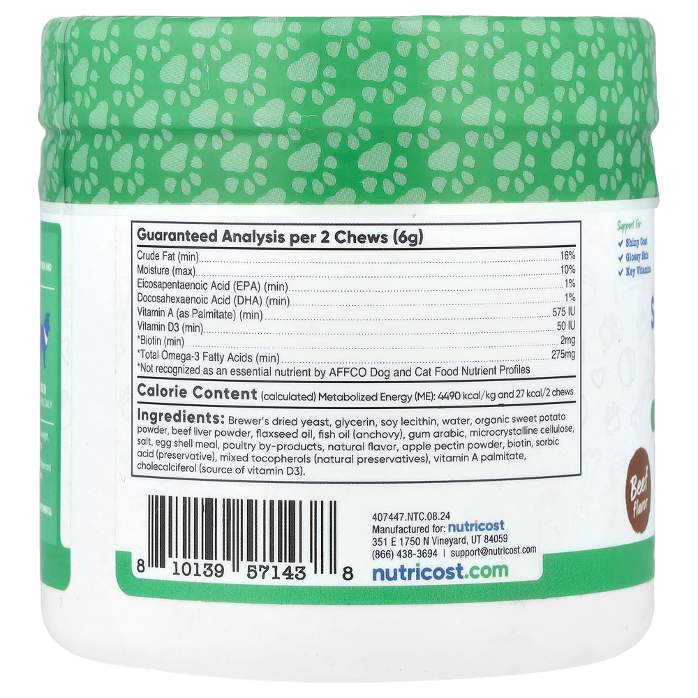 Nutricost, Pets, для поддержки кожи и шерсти, для собак, говядина, 60 жевательных таблеток, 180 г (6,4 унции)