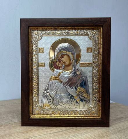 Владимирская БМ, икона прямоугольная в рамке под стеклом, красное дерево 232х280