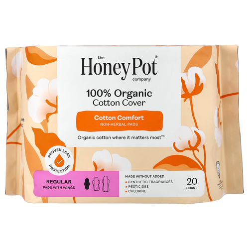 The Honey Pot Company, нетравяные прокладки с крылышками из 100% органического хлопка, обычные, 20 штук