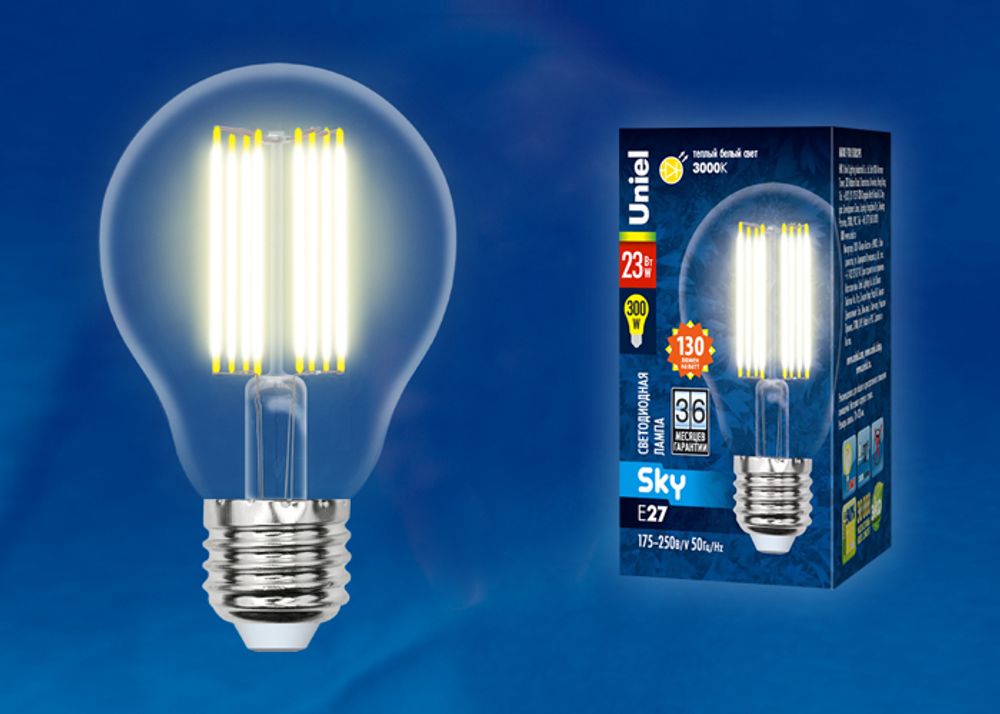 LED-A70-23W/3000K/E27/CL PLS02WH Лампа светодиодная. Форма A, прозрачная. Серия Sky. Теплый белый свет (3000K). Картон. ТМ Uniel.