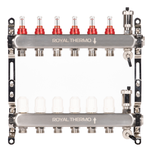 Коллектор Royal Thermo нерж. в сборе с расходомерами 1" ВР-3/4" НР с автомат. воздухоотвод-ми 6 вых.