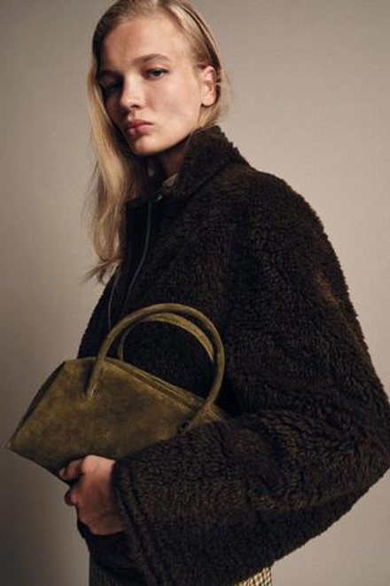 ZARA СУМКА-БОУЛИНГ ИЗ СПИЛКА, ЗЕЛЕНЫЙ ХАКИ