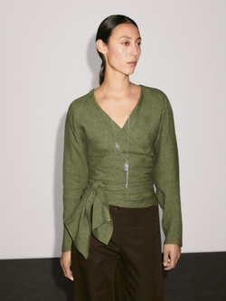 Massimo Dutti Блуза из струящегося льна с завязками на поясе, зеленый