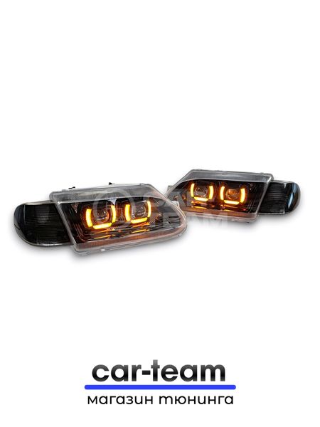 Фары ВАЗ 2113, 2114, 2115 передние с белыми галочками в стиле BMW ver 2.0 c Bi LED модулями, черная маска, тонированные поворотники