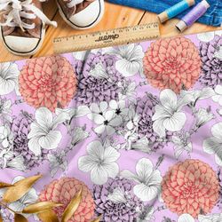 Ткань бифлекс белые петуньи и коралловые хризантемы на розовом фоне