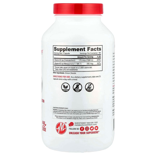 Metabolic Nutrition, витамины D3 и К2, 180 капсул