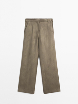 Massimo Dutti Брюки из 100% льна в полоску с пряжкой, серо-зеленый