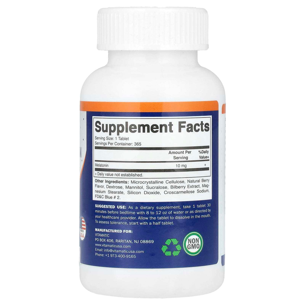 Vitamatic, Мелатонин, ягоды, 10 мг, 365 быстрорастворимых таблеток