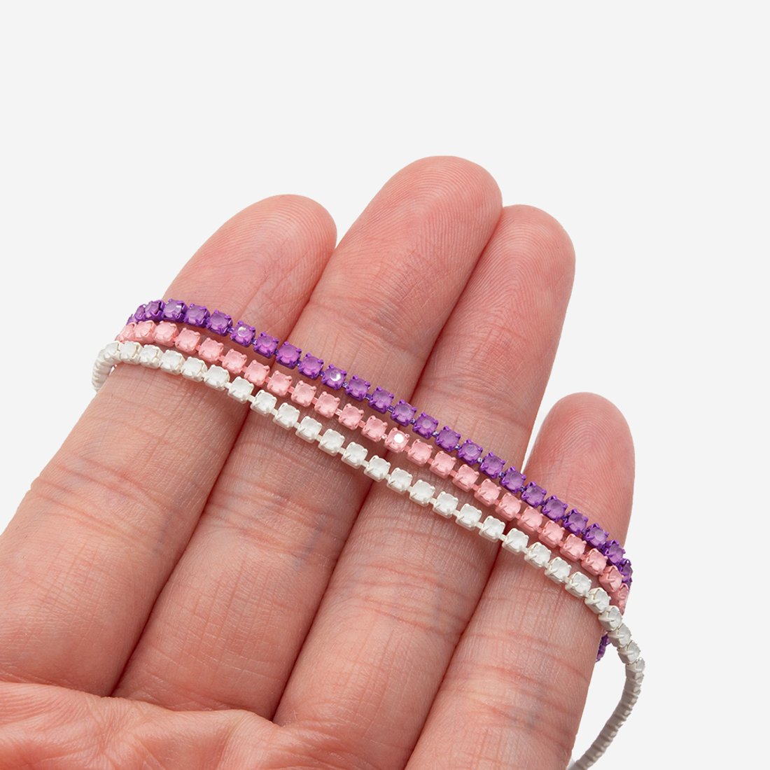 Матовая стразовая цепь, 2мм, розовый кристалл в нежно-розовых цапах