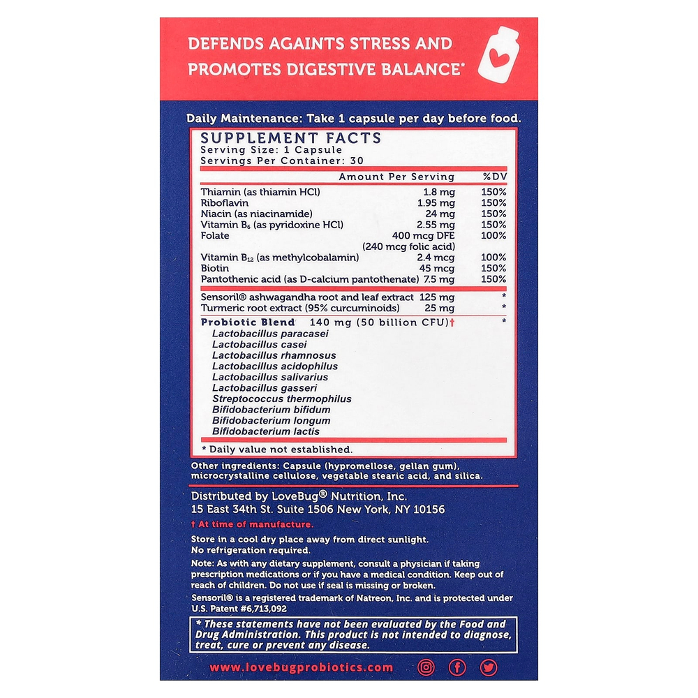 LoveBug Probiotics, Complete Mood Probiotic™ с органической ашвагандой, 30 капсул
