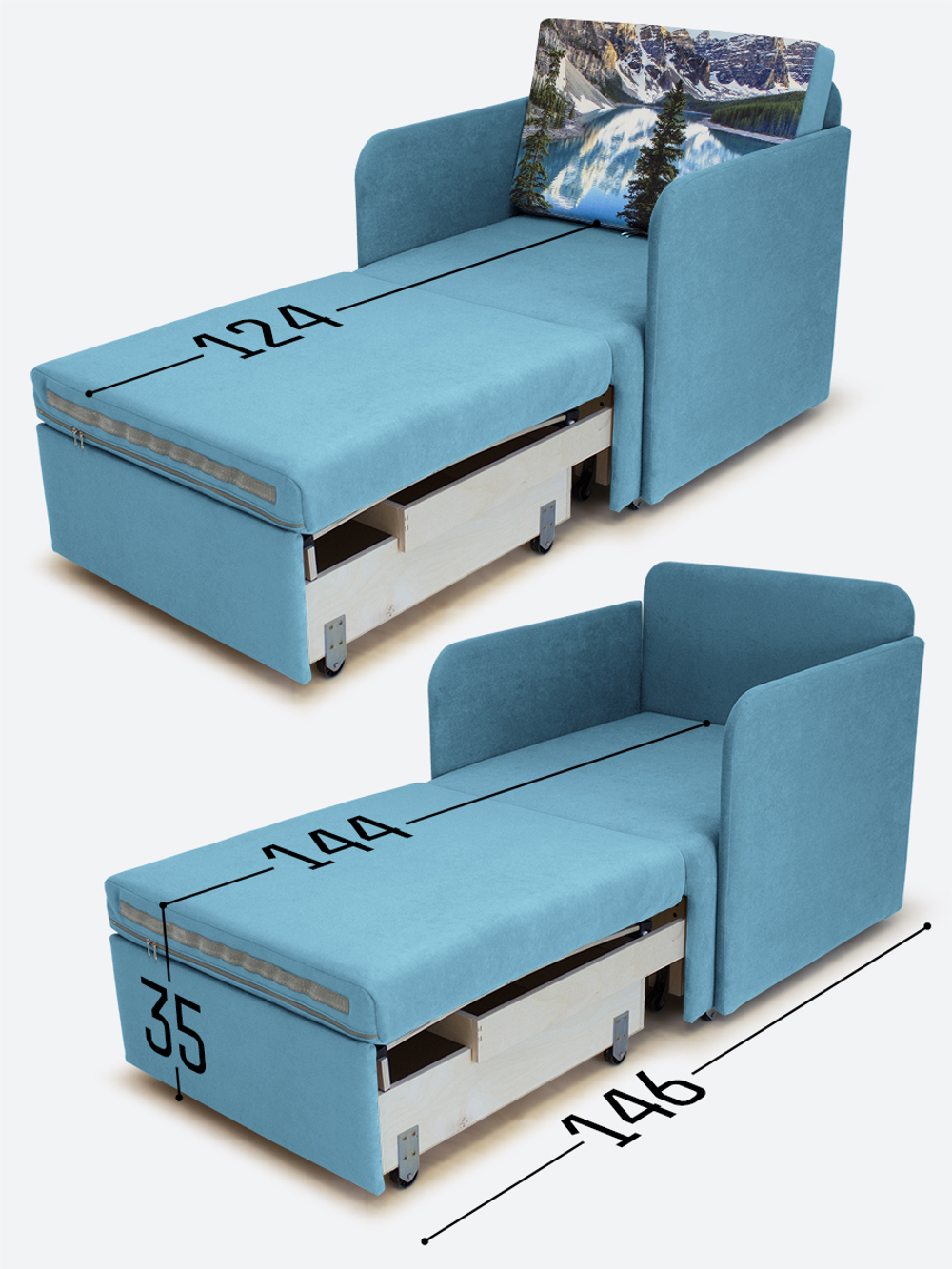 Кресло-кровать "Миник" с подлокотниками Candy Blue купон Пейзаж