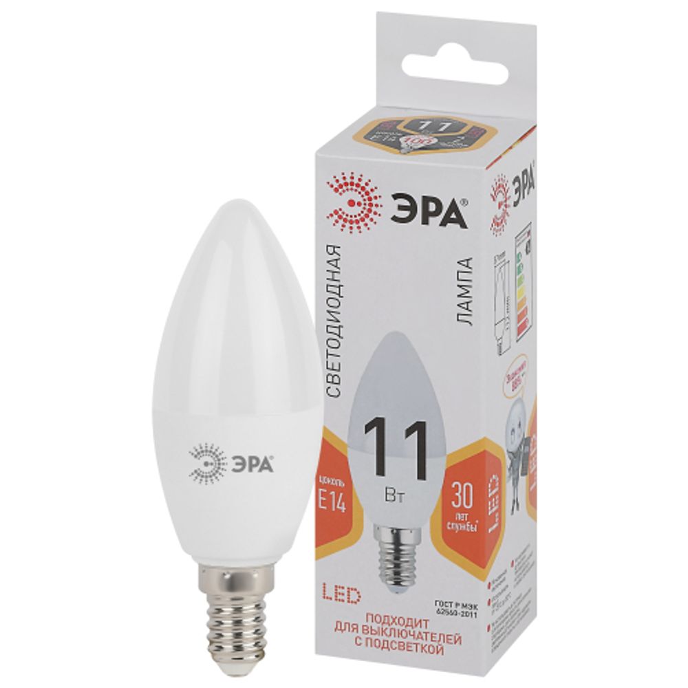 Лампа светодиодная ЭРА STD LED B35-11W-827-E14 11Вт свеча теплый белый свет Е14 | Лампы cветодиодные Свеча (B/C)